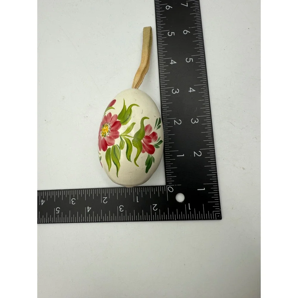 Vintage Hand Painted Wooden Easter Egg Ornament Pink Floral Folk Art‎ Cream 2.5